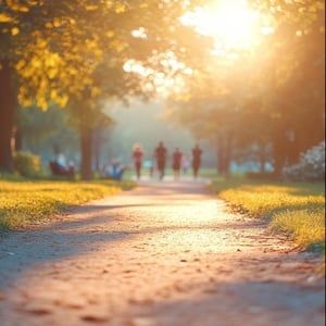 Running path with trees around and sun peaking through trees-1-1