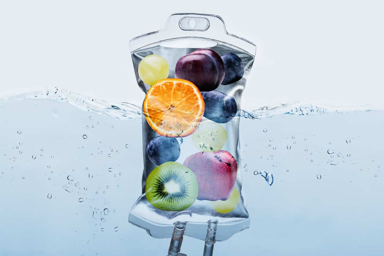 IV bag floating in the water filled with fruits